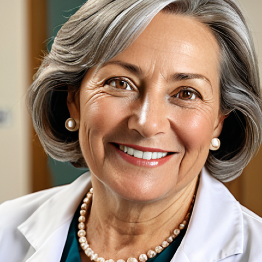 **
"A mature woman, perhaps in her 50s, with a kind smile, looking directly at the viewer. She is wearing a modest, professional blouse and tasteful jewelry. Subtle lines around her eyes suggest experience and wisdom. Background is a softly blurred, warm-toned interior, perhaps a doctor's office. safe for work, appropriate content, fully clothed, professional, modest, perfect anatomy, correct proportions, natural pose, well-formed hands, proper finger count, natural body proportions, high quality, family-friendly"
**