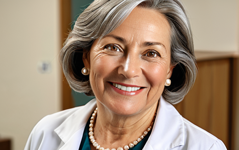 **
"A mature woman, perhaps in her 50s, with a kind smile, looking directly at the viewer. She is wearing a modest, professional blouse and tasteful jewelry. Subtle lines around her eyes suggest experience and wisdom. Background is a softly blurred, warm-toned interior, perhaps a doctor's office. safe for work, appropriate content, fully clothed, professional, modest, perfect anatomy, correct proportions, natural pose, well-formed hands, proper finger count, natural body proportions, high quality, family-friendly"
**