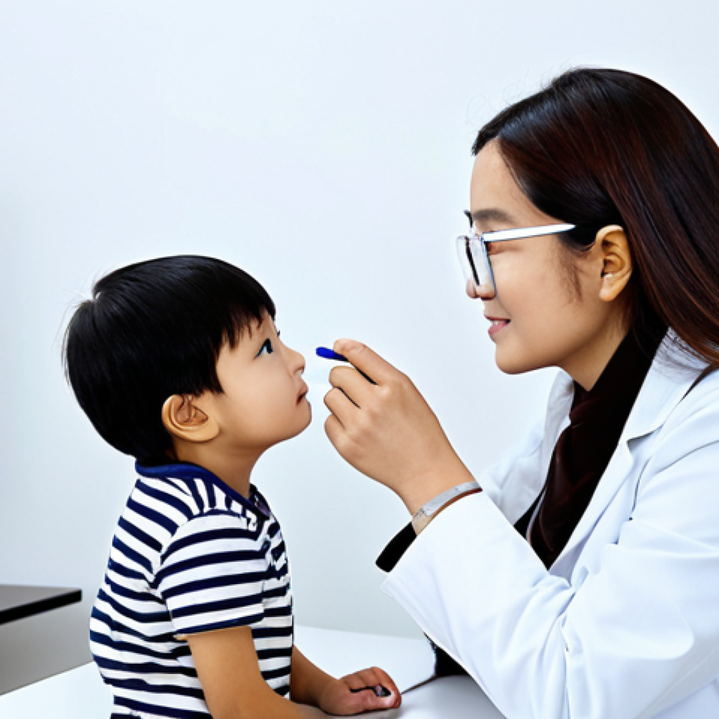 **
"A friendly optician, fully clothed in a professional white coat, administering an Ishihara color vision test to a young child in a bright, welcoming clinic. The child is looking intently at the color plates. Safe for work, appropriate content, professional setting, perfect anatomy, well-formed hands, proper finger count, family-friendly."
**