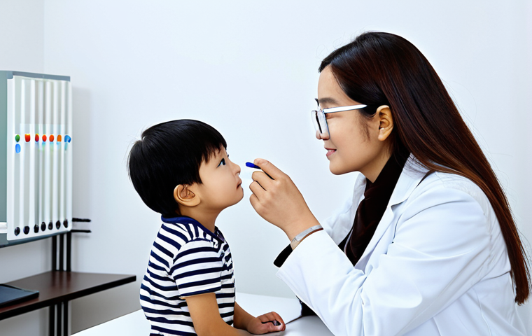 **
"A friendly optician, fully clothed in a professional white coat, administering an Ishihara color vision test to a young child in a bright, welcoming clinic. The child is looking intently at the color plates. Safe for work, appropriate content, professional setting, perfect anatomy, well-formed hands, proper finger count, family-friendly."
**