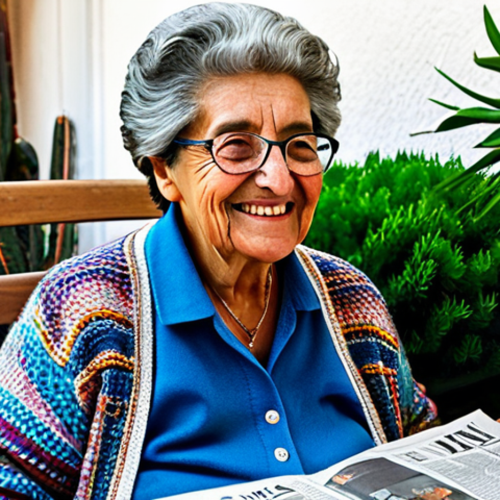 백내장 수술 비교 - **Image Prompt 1: LIO Monofocal - Abuela leyendo el periódico.** "A close-up shot of a smiling abue...