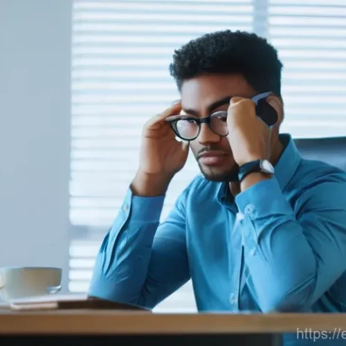 Home 14 눈 충혈 원인과 관리 - **Prompt:** A diverse young adult, perhaps in their late 20s or early 30s, sitting at a modern desk ...