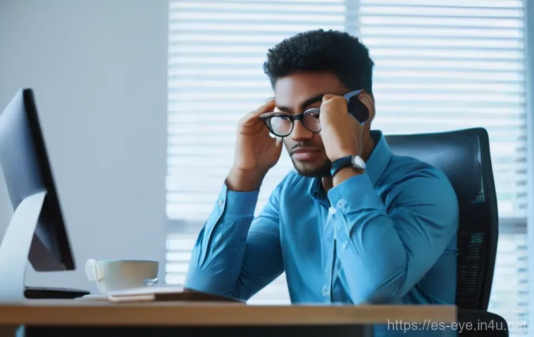 눈 충혈 원인과 관리 - **Prompt:** A diverse young adult, perhaps in their late 20s or early 30s, sitting at a modern desk ...