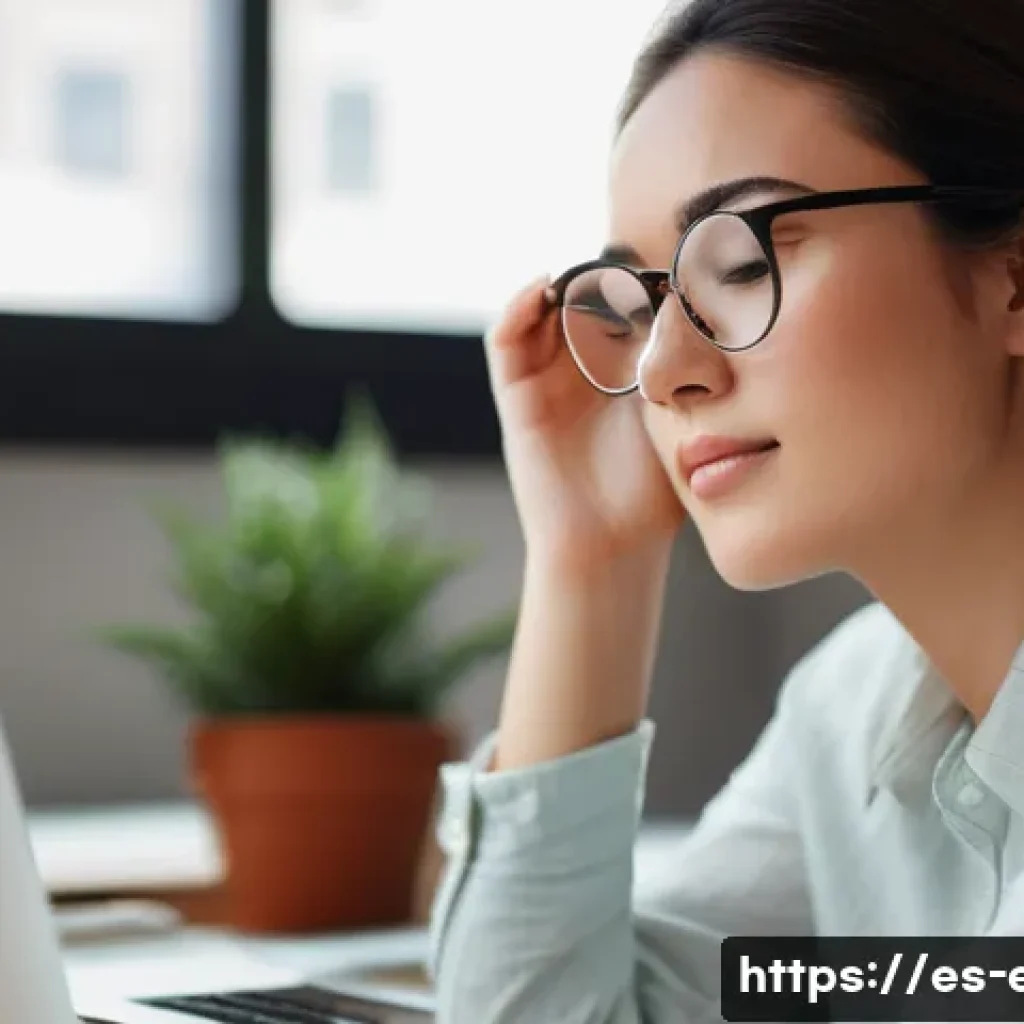 눈 충혈 치료법 - A close-up portrait of a young adult woman in a cozy indoor office setting, wearing stylish eyeglass...