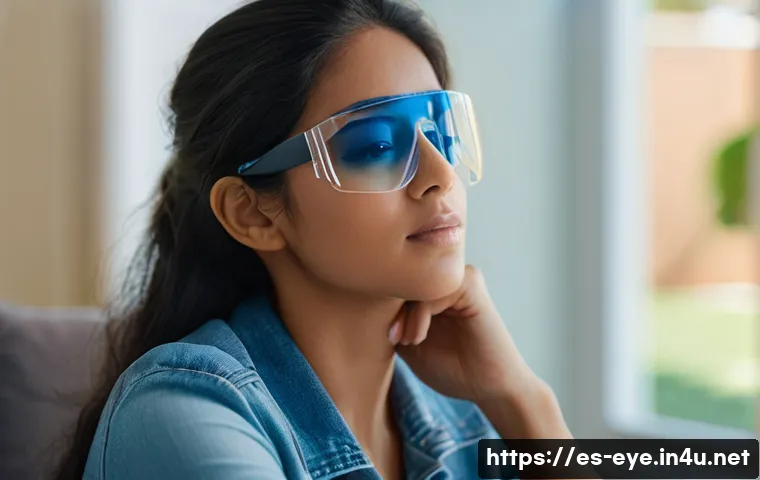 안과 수술 후 관리법 - A detailed close-up scene of a young adult Latino woman wearing UV-protection sunglasses and a trans...