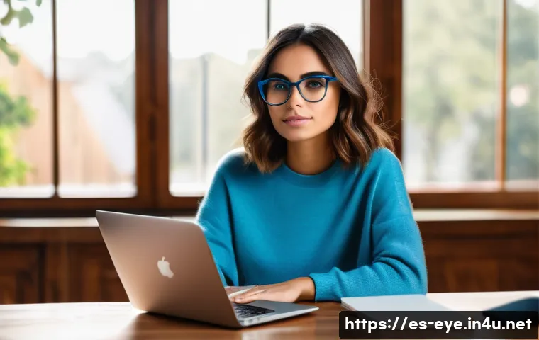 눈 피로 해소 제품 추천 - A stylish young Spanish woman wearing modern blue light blocking glasses with sleek frames, sitting ...