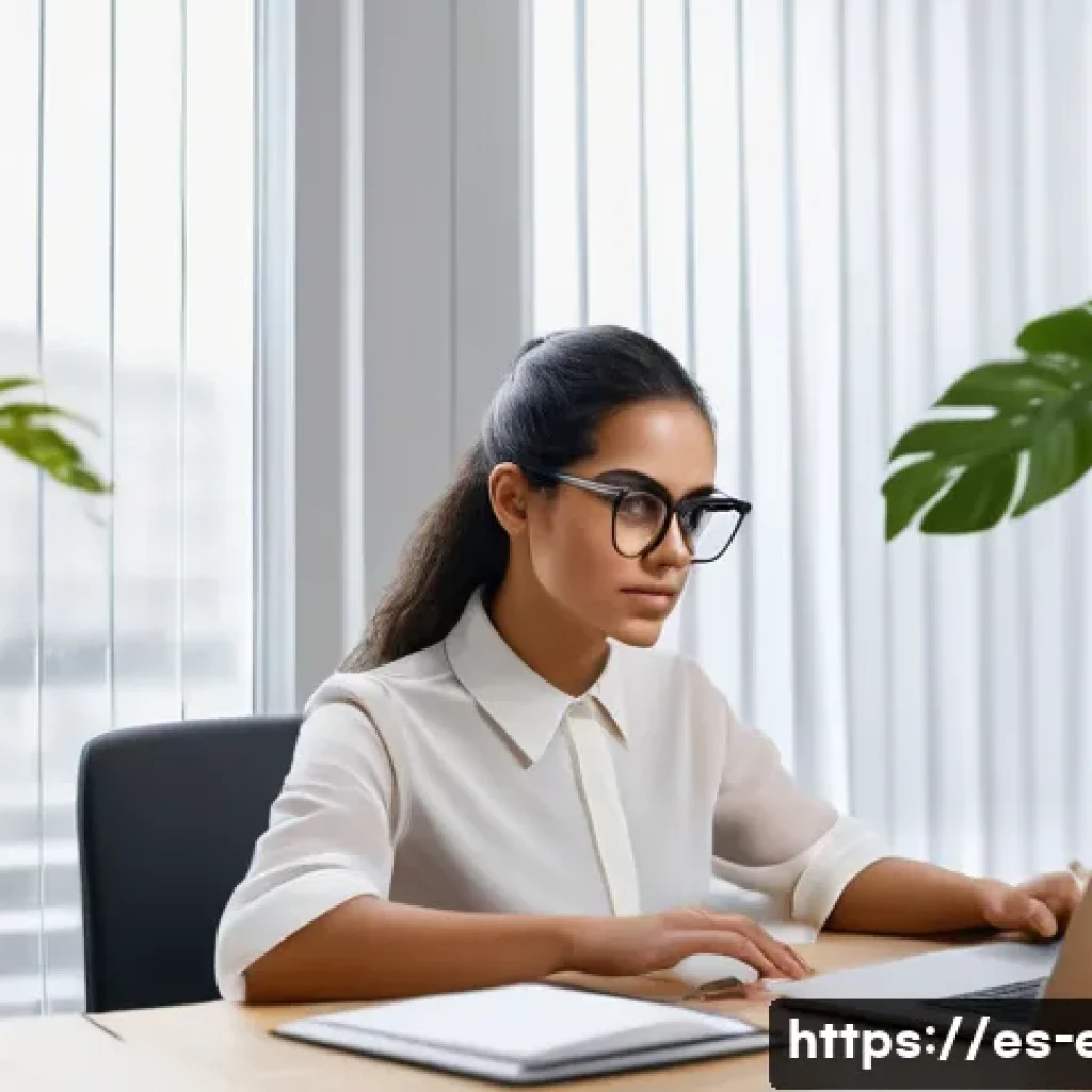 안구건조증 눈물 치료 - A detailed indoor office scene showing a young Hispanic woman working at a computer desk with a mode...