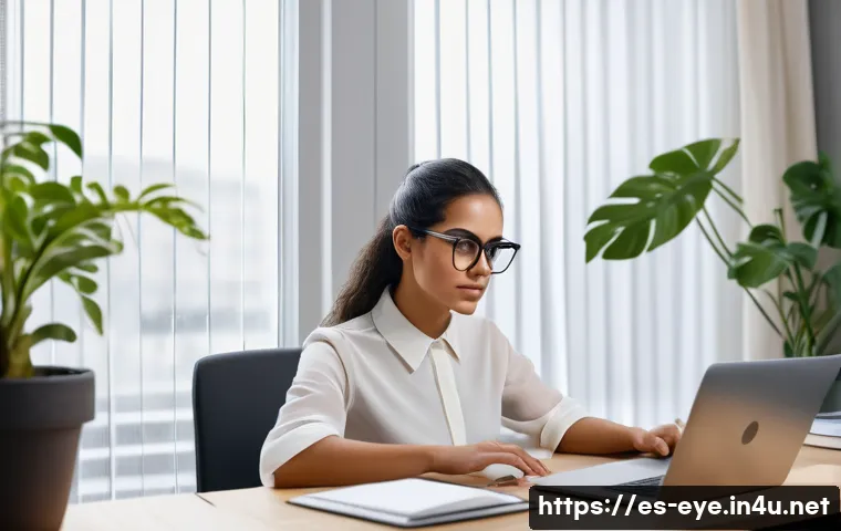 안구건조증 눈물 치료 - A detailed indoor office scene showing a young Hispanic woman working at a computer desk with a mode...