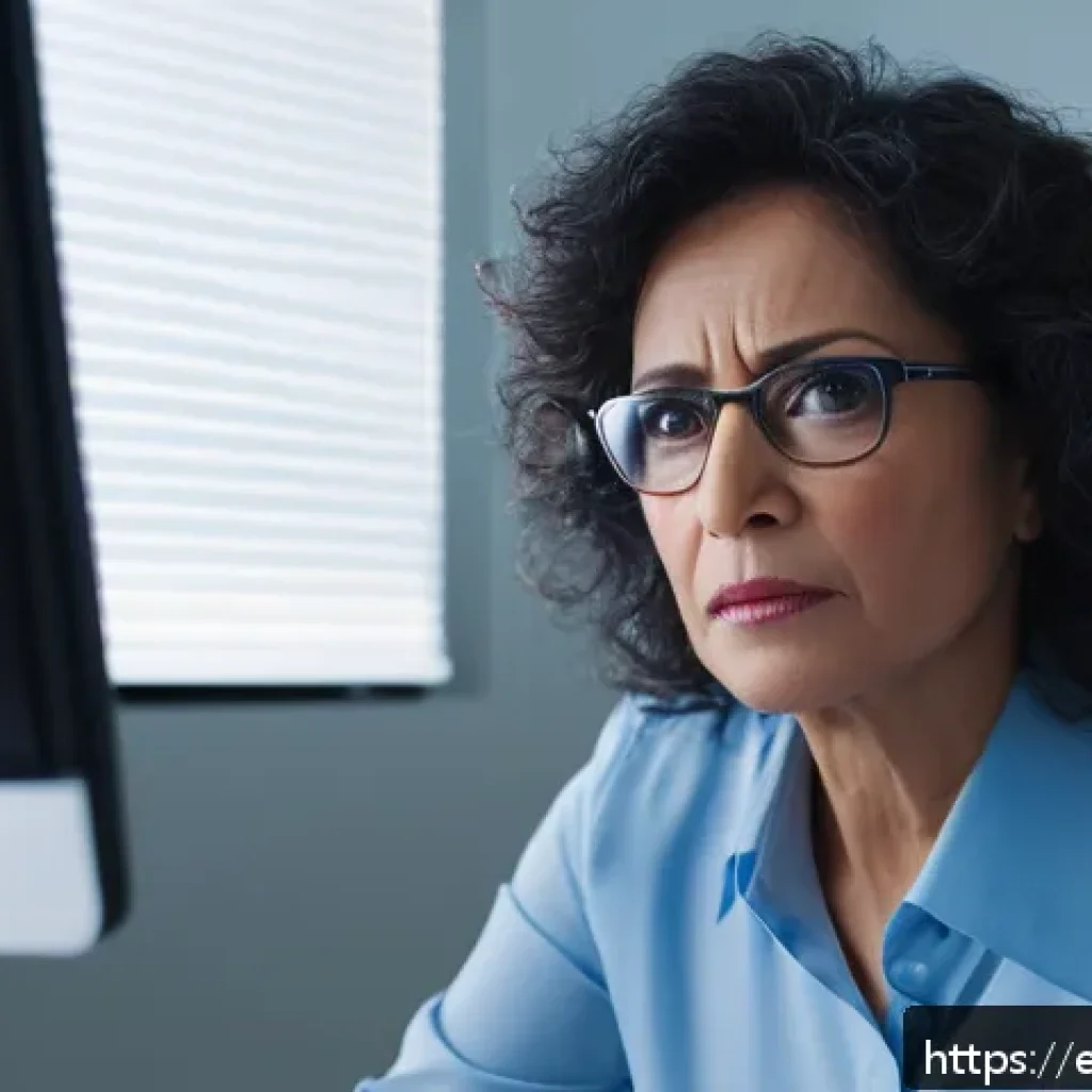 안구건조증 전문 병원 추천 - A detailed close-up of a middle-aged Hispanic woman sitting at a desk in a modern office environment...