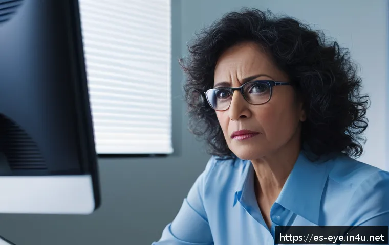 안구건조증 전문 병원 추천 - A detailed close-up of a middle-aged Hispanic woman sitting at a desk in a modern office environment...