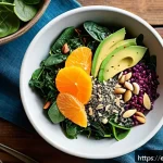 황반변성 예방 식단 - A vibrant, fresh salad bowl featuring a mix of dark leafy greens such as spinach, kale, and Swiss ch...