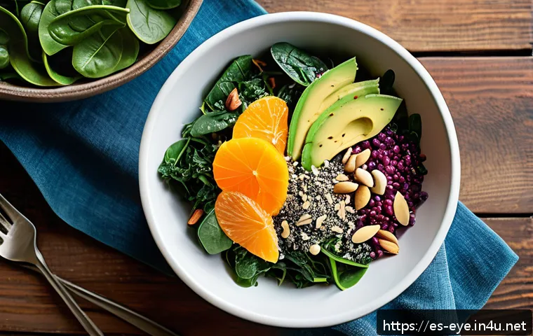 황반변성 예방 식단 - A vibrant, fresh salad bowl featuring a mix of dark leafy greens such as spinach, kale, and Swiss ch...