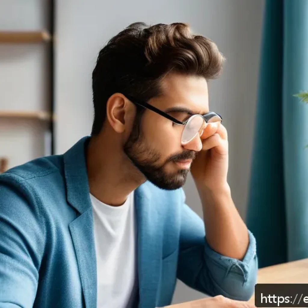 안구 통증 완화법 - A cozy home office scene showing a young adult male wearing blue light blocking glasses, sitting at ...