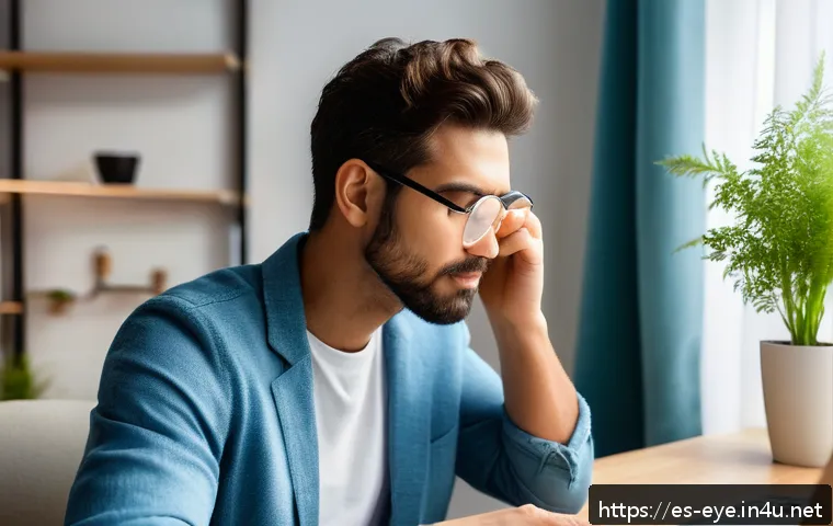 안구 통증 완화법 - A cozy home office scene showing a young adult male wearing blue light blocking glasses, sitting at ...