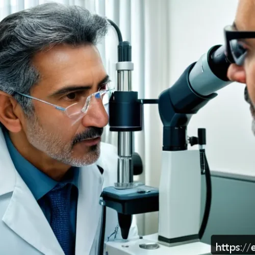 녹내장 초기 증상 - A detailed close-up of a middle-aged Hispanic man undergoing an eye examination in a modern ophthalm...