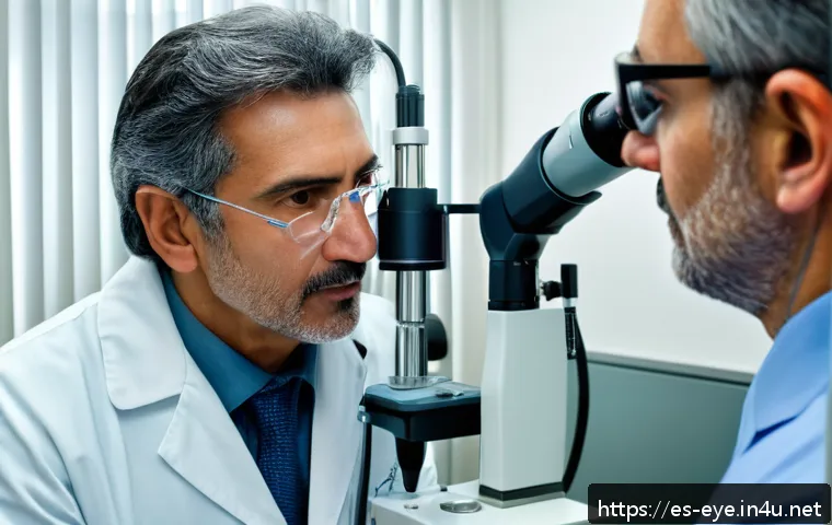 녹내장 초기 증상 - A detailed close-up of a middle-aged Hispanic man undergoing an eye examination in a modern ophthalm...