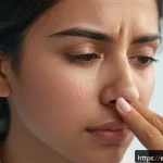 눈물샘 막힘 자가 진단 - A detailed close-up illustration of a young adult Hispanic woman gently pressing the tear duct area ...