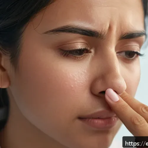 눈물샘 막힘 자가 진단 - A detailed close-up illustration of a young adult Hispanic woman gently pressing the tear duct area ...