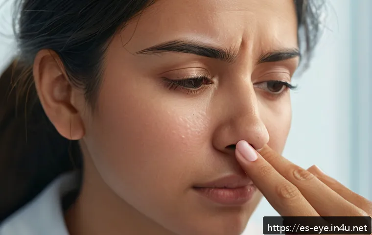 눈물샘 막힘 자가 진단 - A detailed close-up illustration of a young adult Hispanic woman gently pressing the tear duct area ...