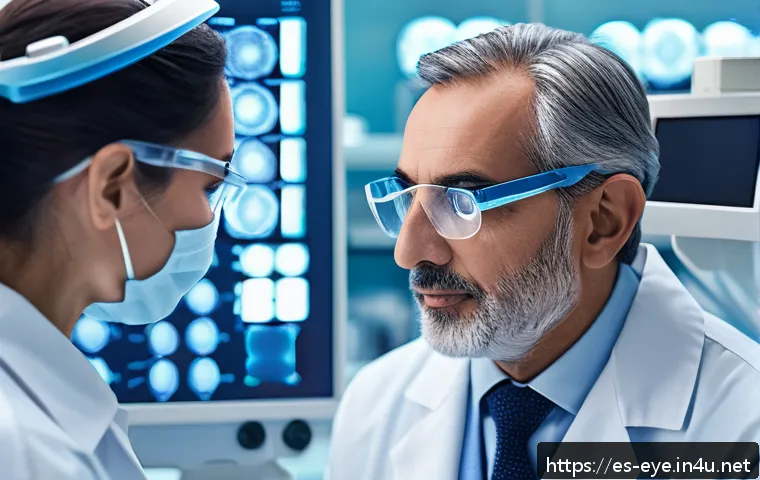 황반변성 최신 약물 - A modern clinical research laboratory scene focused on emerging therapies for macular degeneration: ...