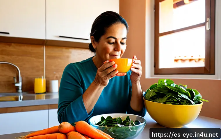눈 건강 유지 습관 - Photorealistic morning wellness scene in a bright Spanish apartment kitchen, a middle-aged Hispanic ...